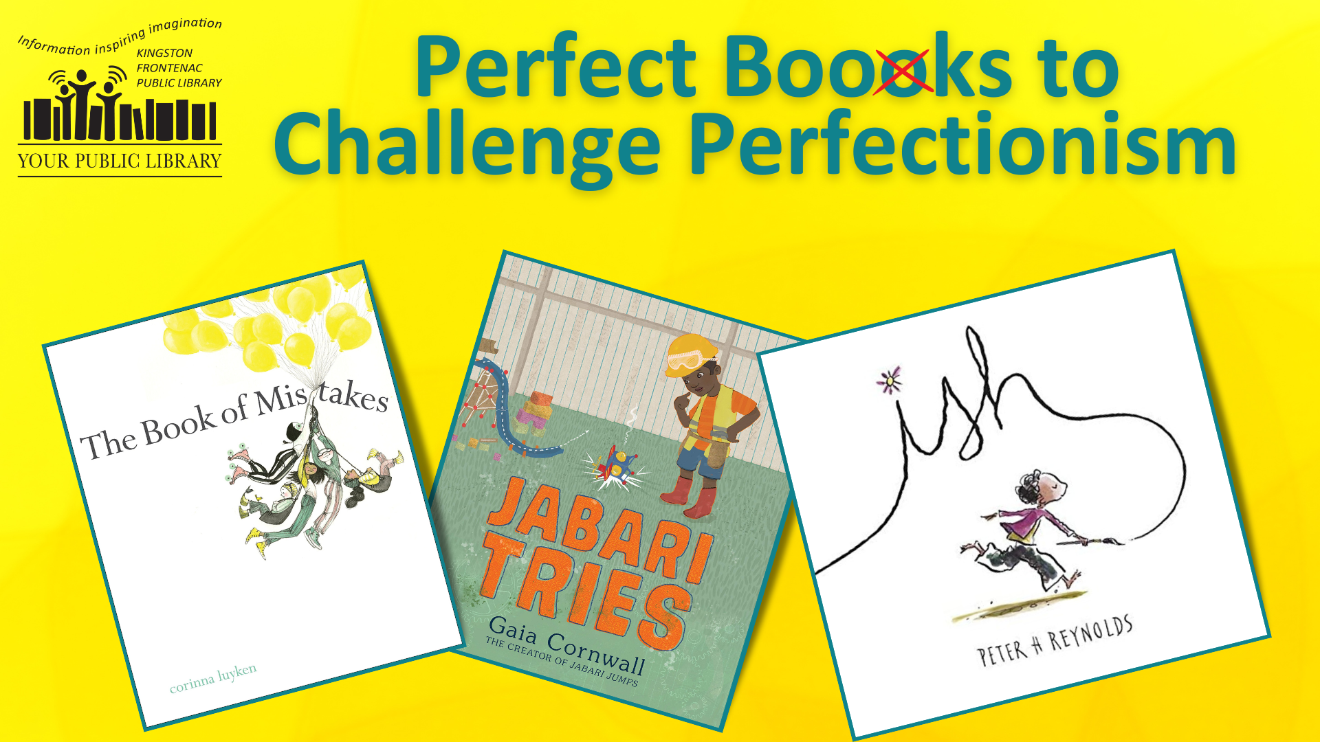A collage of book with text reading  “Perfect” Books to Challenge Perfectionism. There is an extra, crossed-out O in books.