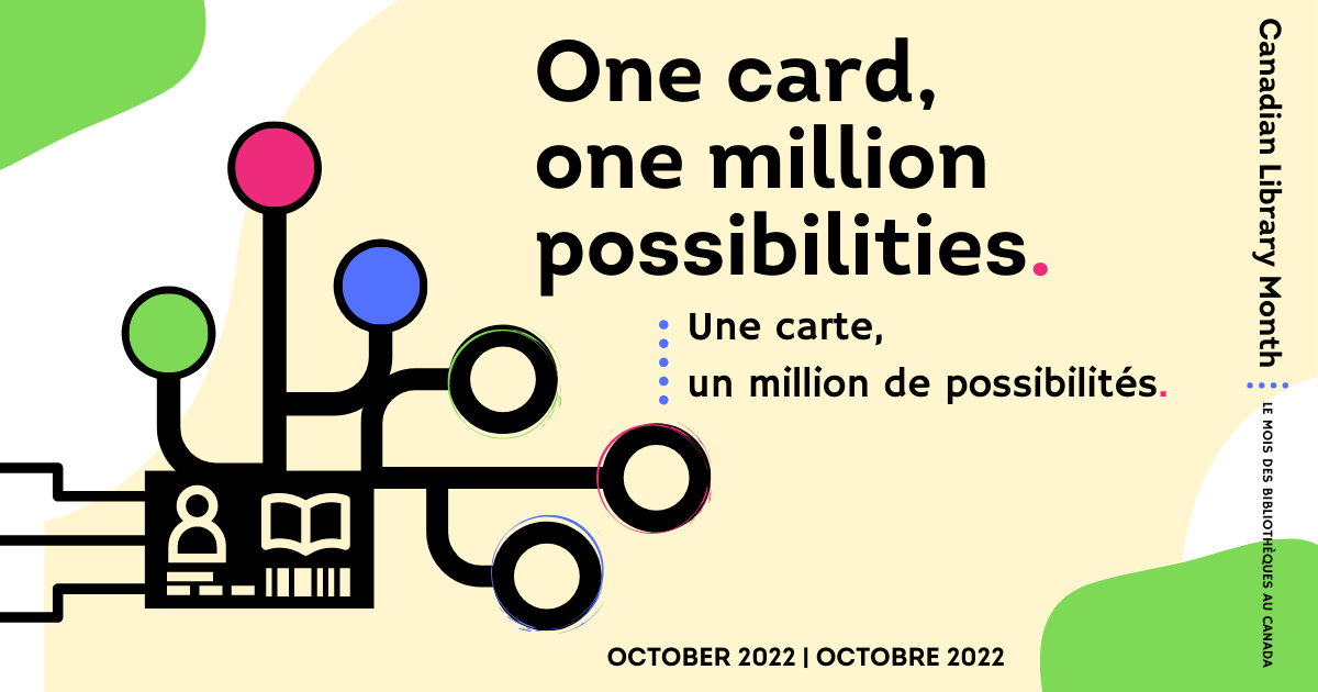 One card, one million possibilities. Une carte, un million de possibilités OCTOBER 2022 | OCTOBRE 2022  Text is on a yellow and green blob background with an illustration of a library card with various connections coming from it, leading to colourful circles.