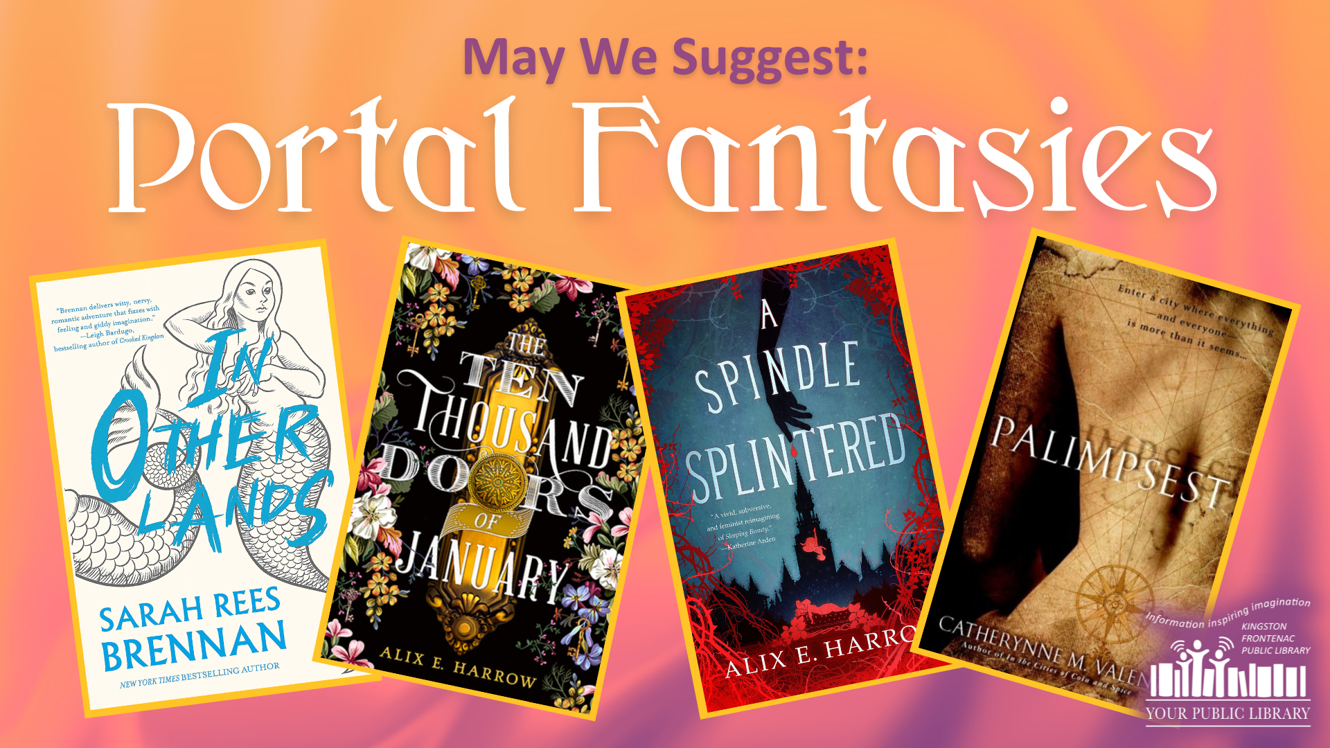 Four books with text reading May we suggest: Portal Fantasies