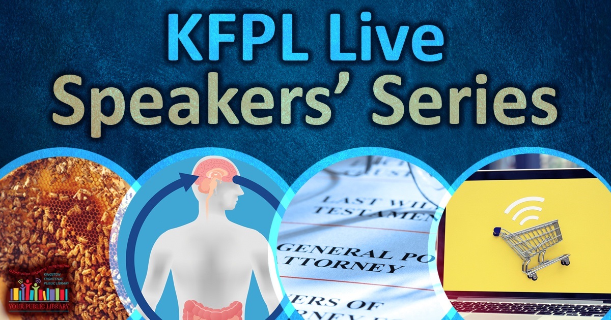 Images of beehive, legal document and online shopping logo. Text reads KFPL Speakers' Series.