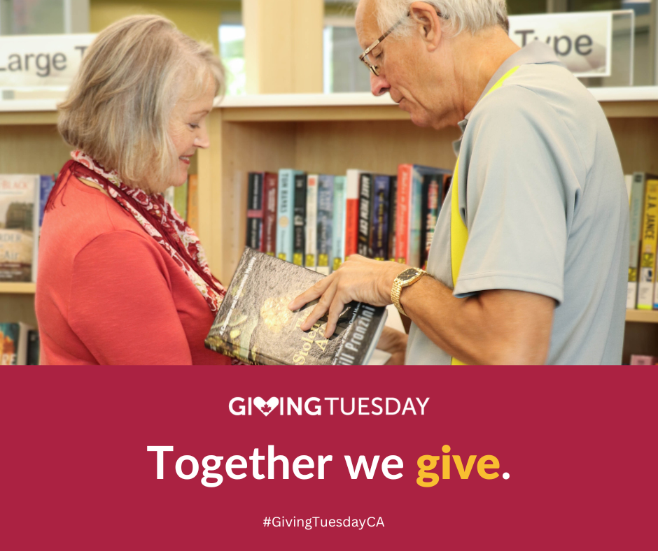 Two people sharing a book. On a dark red band, text reads Giving Tuesday - Together We Give