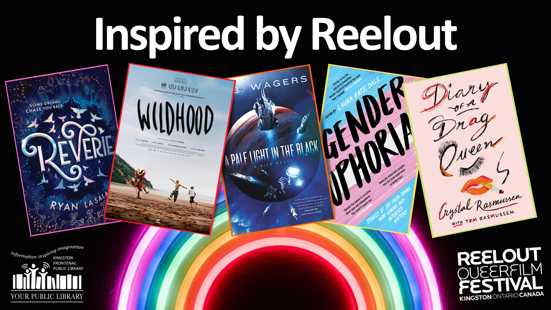 A collage of books and movies over a neon rainbow with text reading Inspired By Reelout.