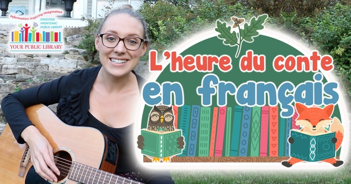 A woman playing guitar, facing the camera. Text reads L'heure du conte en français.