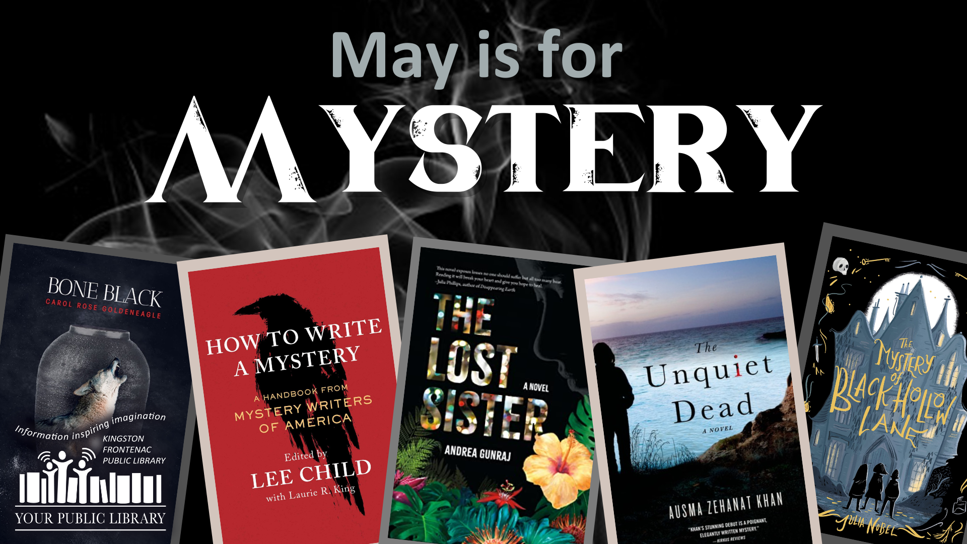 Several books with text reading May is for Mystery on a dark background.