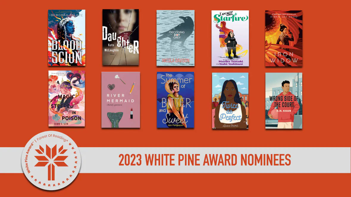 2023 White Pine Award nominees in a collage on a red background. 