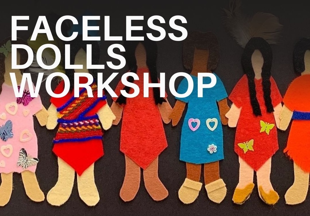Image of felt dolls. The text reads Faceless Dolls Workshop.