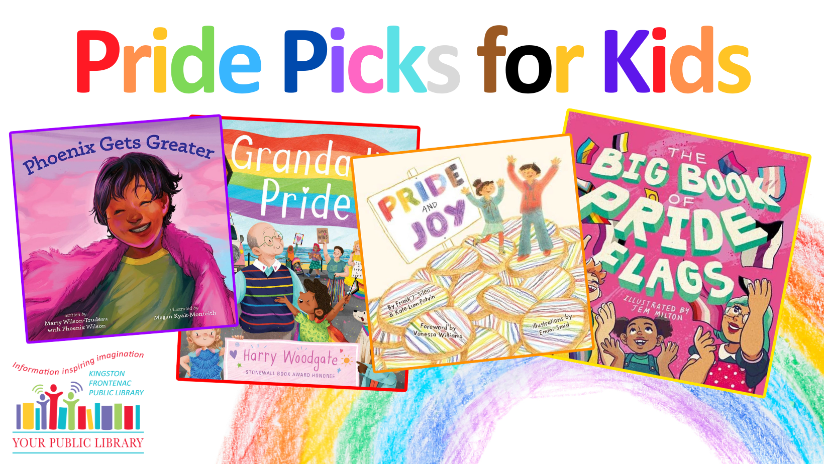 A collage of books with a crayon rainbow background and rainbow-hued text reading Pride Picks for Kids