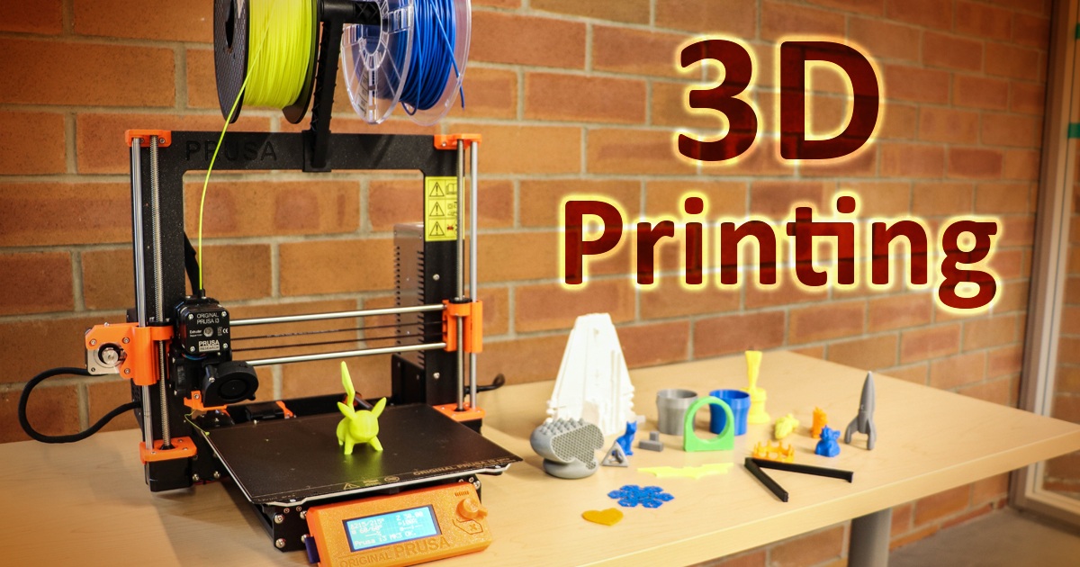 3D printing, image of printer and printed objects