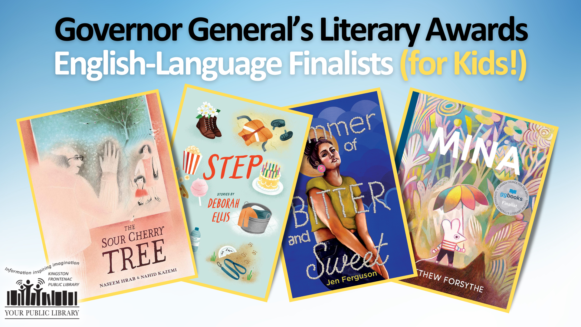 A collage of books with text reading Governor General's Literary Awards: English-Language Finalists (for kids)