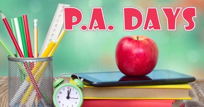 An apple on a stack of books/smart devices, with a container of pencils, a ruler, and an alarm clock. Text reads P.A. Days.