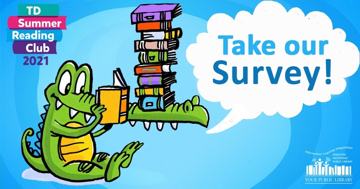 An alligator with a stack of books. Text reads 'Take Our Survey!'