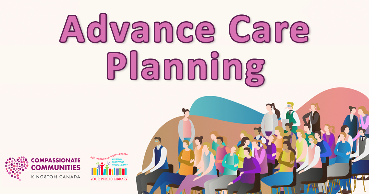 Illustration of a group of people sitting and standing. The text reads, Advance Care Planning.
