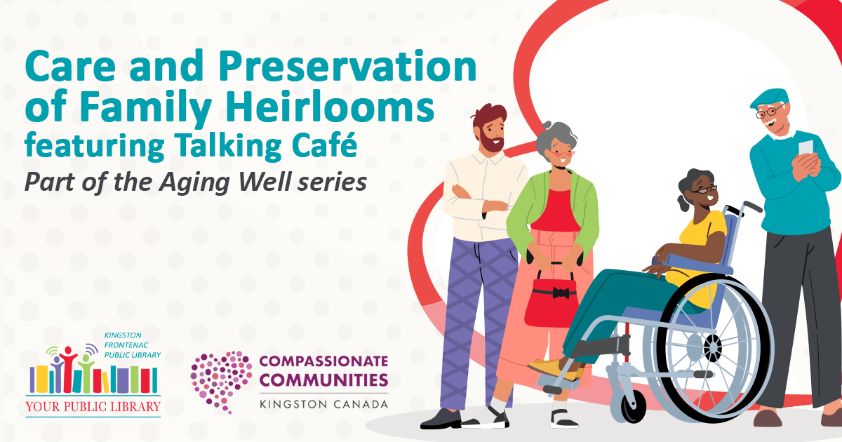 Illustration of diverse adults, including a woman in a wheelchair. The text reads Care and Preservation of Family Heirlooms.