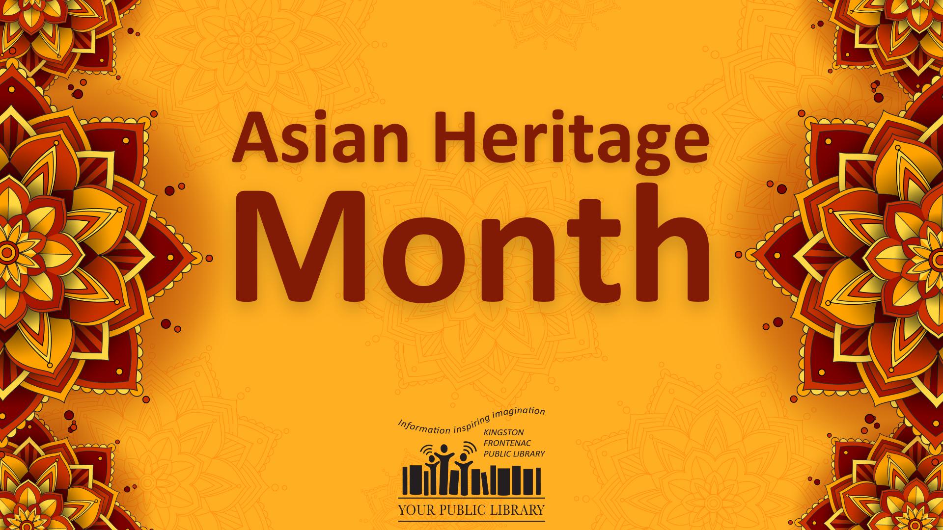 Mandalas in shades of red and brown against a yellow background with text reading Asian Heritage Month.