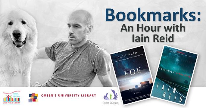 Iain Reid, his dog, and two of his books. Text reads Bookmarks: An Hour with Iain Reid