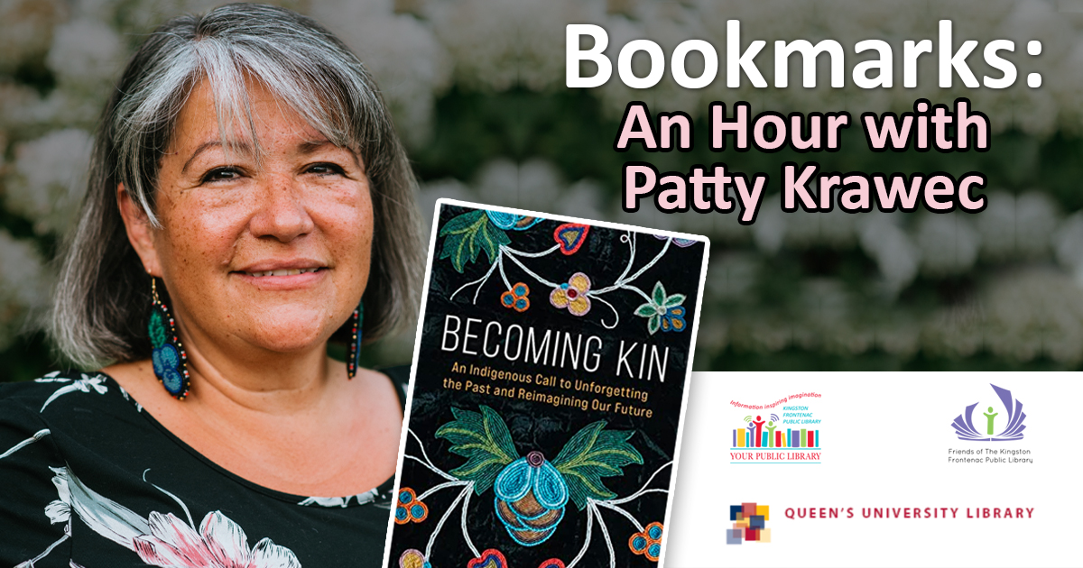 Patty Krawec with her book, Becoming Kin. Text reads Bookmarks: An hour with Patty Krawec.