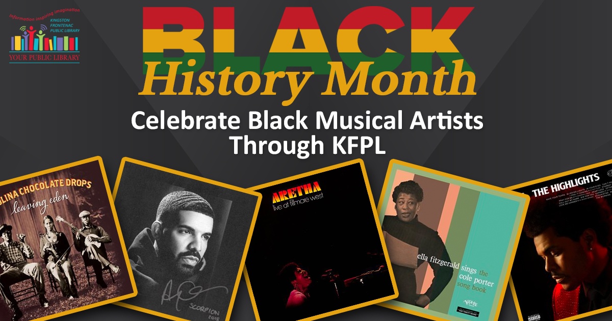 CD/album covers with text reading Black History Month; celebrate Black Musical Artists through KFPL.