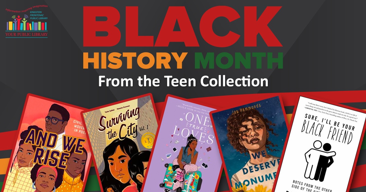 A collage of books with text reading Black History Month from the Teen Collection.