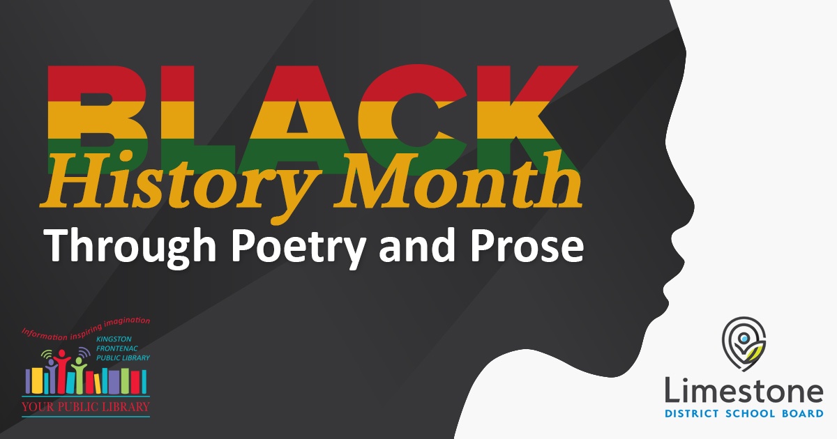 A person's face with text reading Black History Month Through Poetry and Prose.