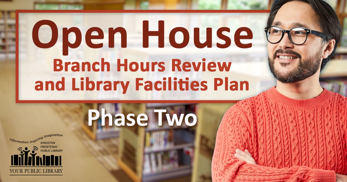 A person with medium-toned skin, dark hair, a beard and moustache, and glasses is wearing an orange shirt with their arms folded. They are smiling and looking to the left. A blurred library with bookshelves is behind them. Text reads Open House: Branch Hours Review and Library Facilities Plan - Phase Two