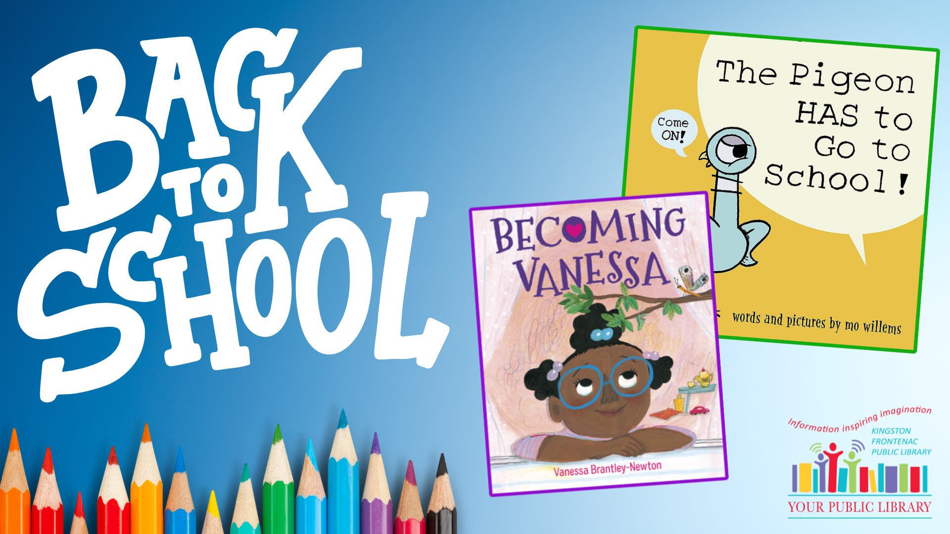 A collage of books and coloured pencils, with text reading Back to School.