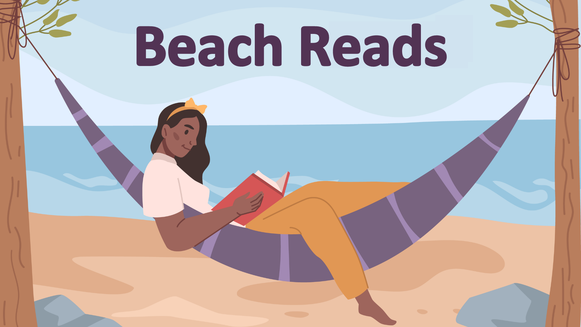 An illustrated person lying in a hammock at the beach reading.