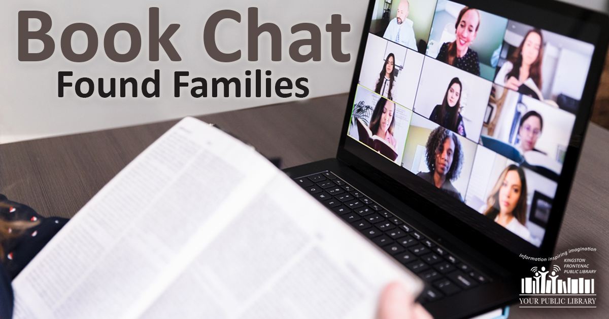 An image of people in a web chat on a laptop. Text reads Book Chat: Found Families
