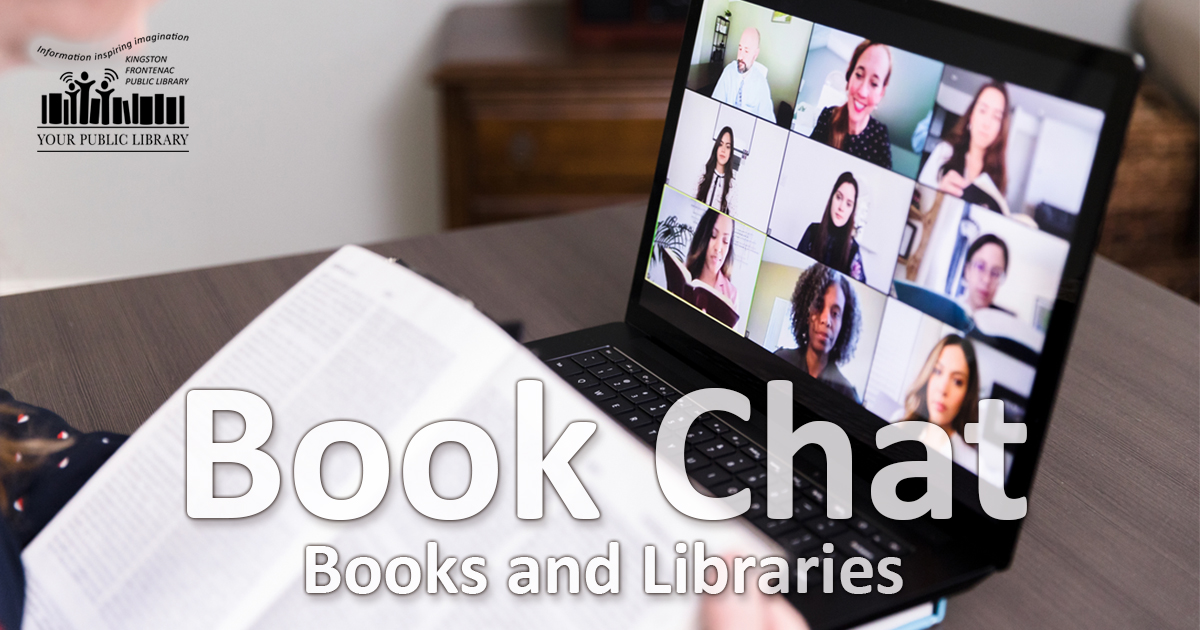 A laptop open to a group chat. Someone is holding a book open in front of the laptop. Text reads Book Chat: Books and Libraries. 