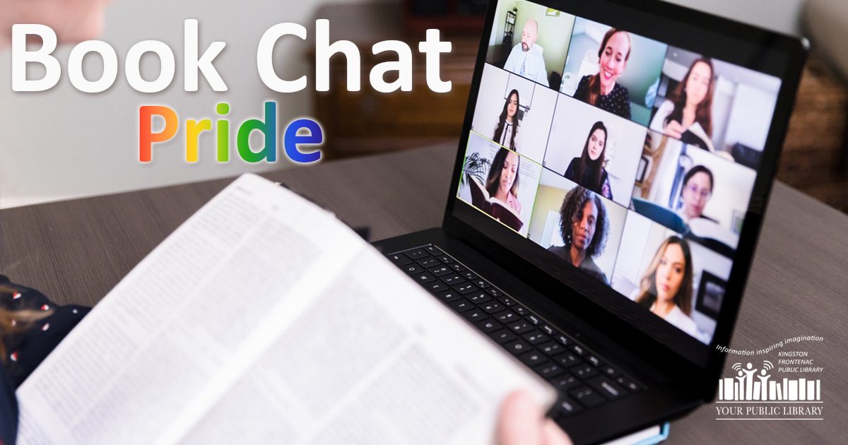 A laptop is open with a web chat happening, and a book is open in front of the keyboard. Text reads 'Book Chat: Pride'