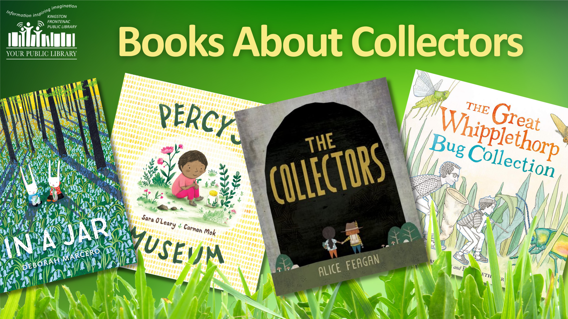 A collage of books with text reading Books About Collectors. The background is green and there is grass in the foreground.