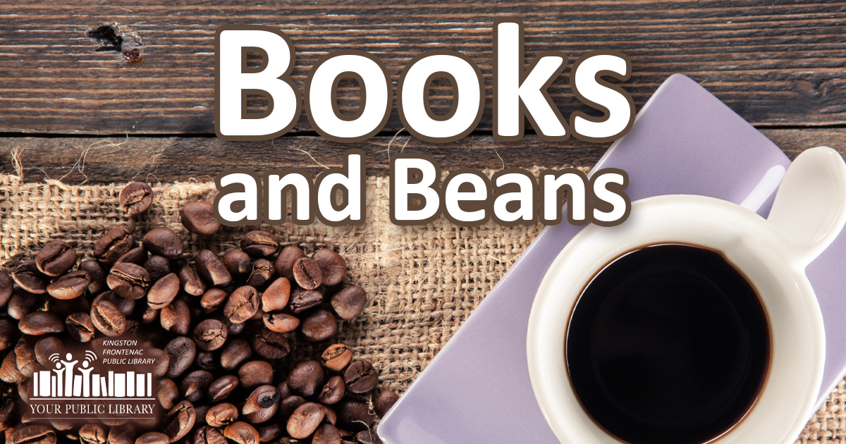 Coffee beans, a mug and a book with text reading Books and Beans.