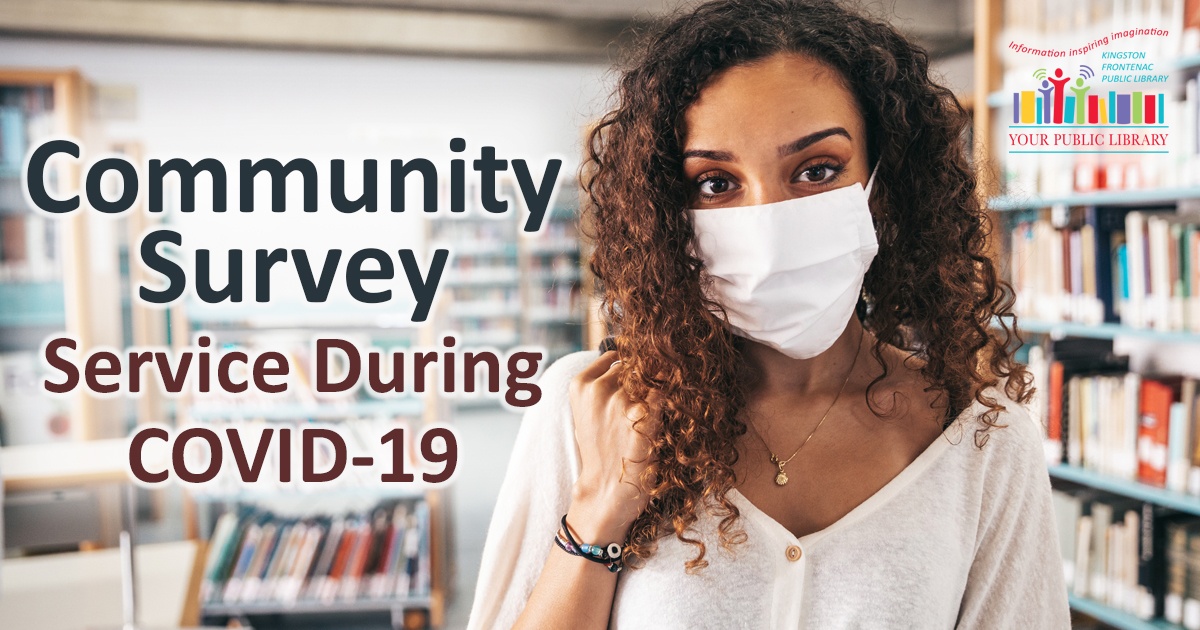 Community survey services during COVID 19. Image of woman in mask in a library