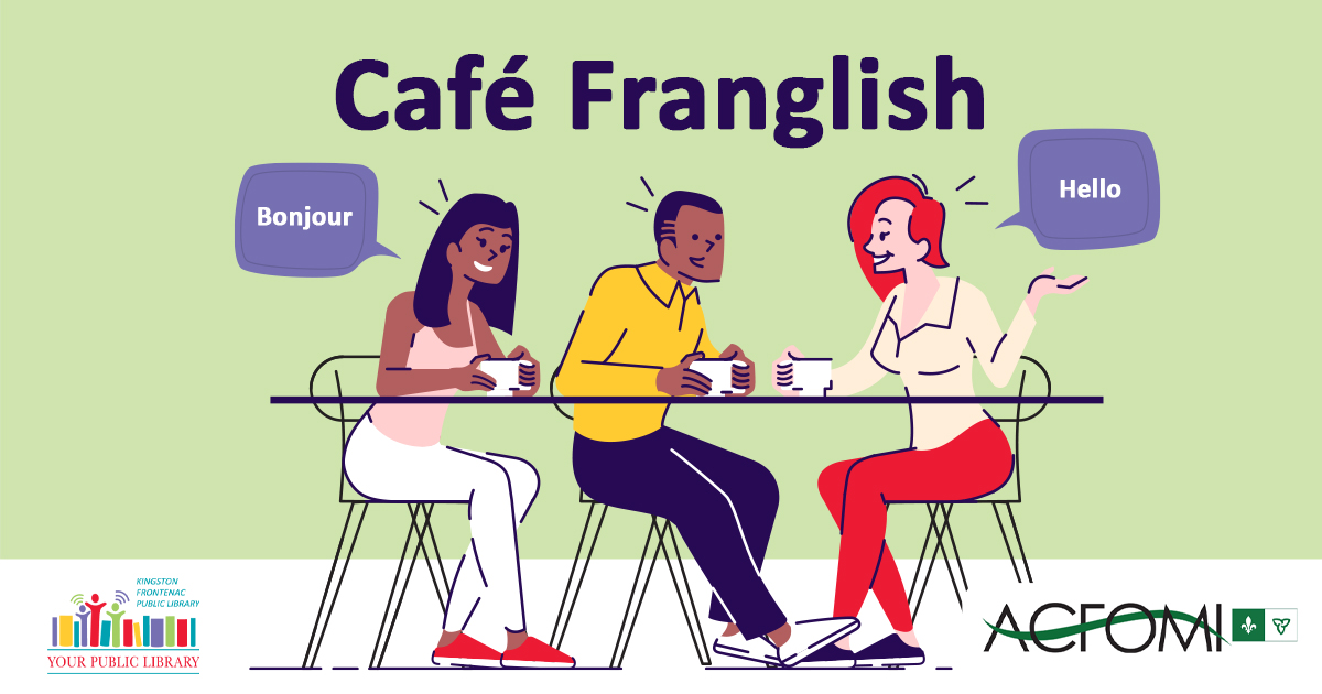An illustration of three people sat at a table talking. Two have speech bubbles that read Bonjour and Hello. The text reads: Café Franglish