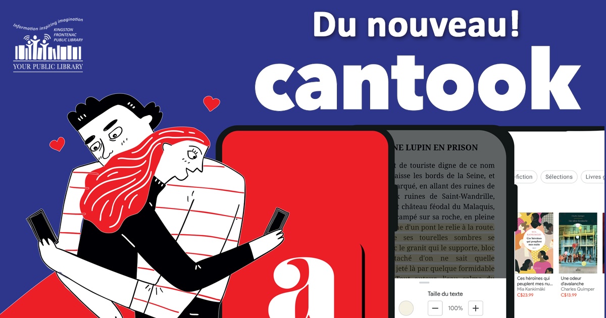 Illustrated people with images of Cantook open on phones. Text reads Du nouveau: Cantook Station.