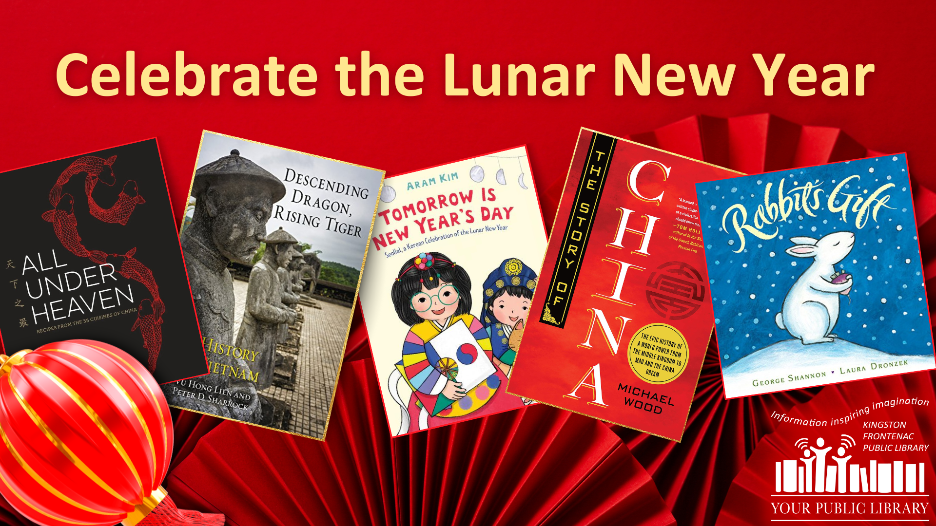 A collage of books against a red background. There is a Chinese lantern in the foreground. Text reads Celebrate the Lunar New Year!
