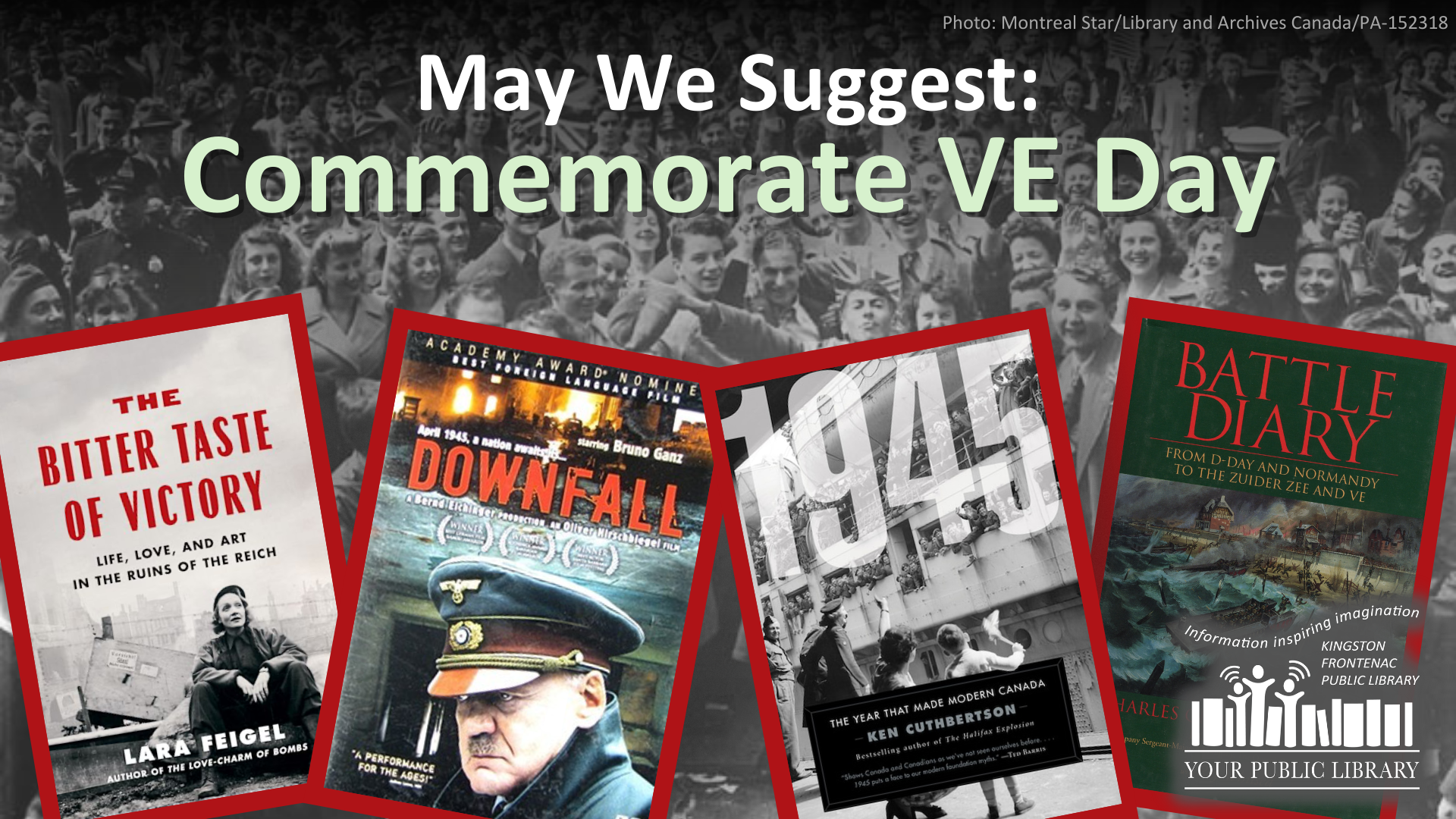 Four books on a background of VE Day celebration with text reading May We Suggest: Commemorate VE Day.