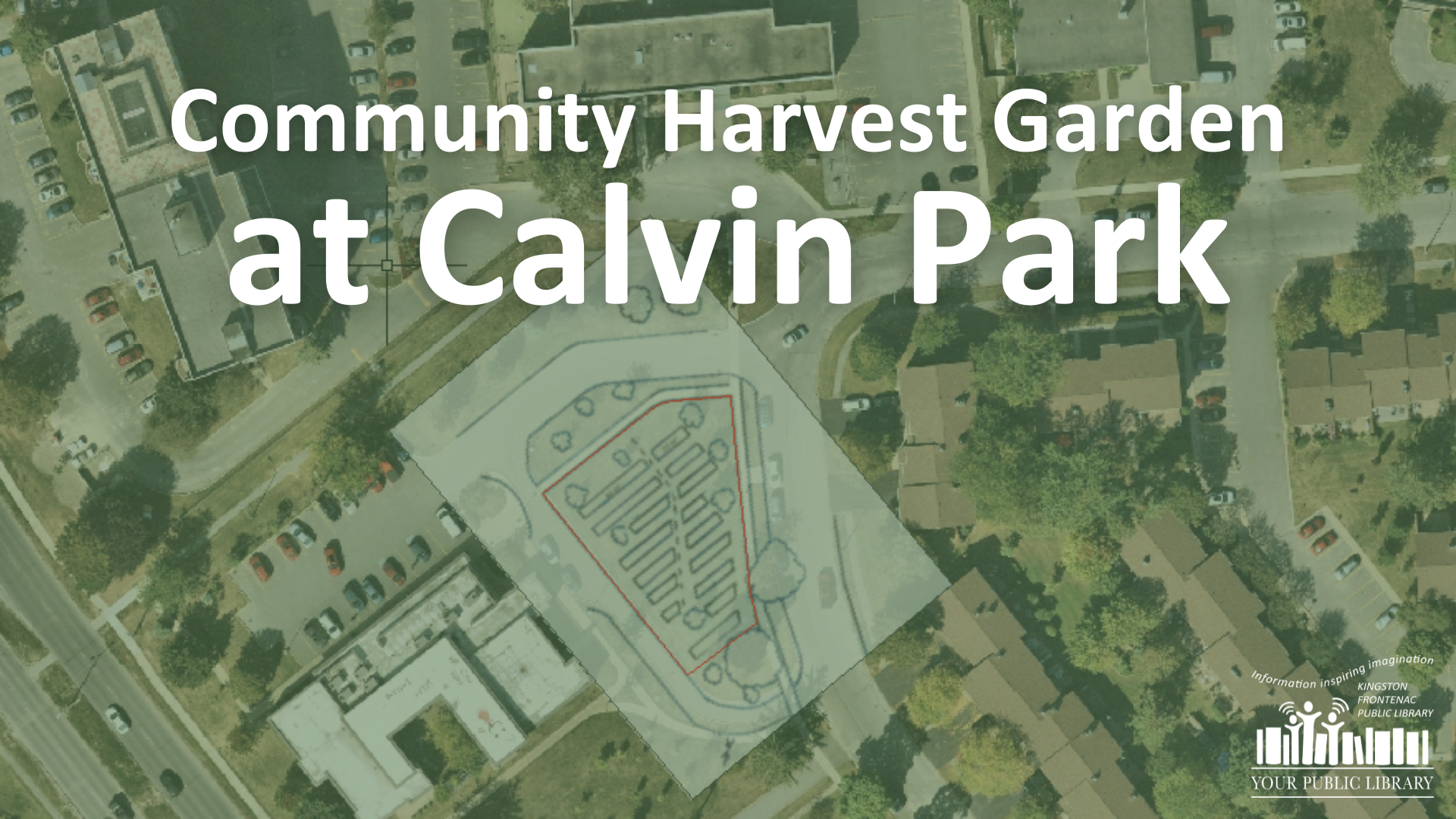 Proposed community garden map with text reading Community Harvest Garden at Calvin Park
