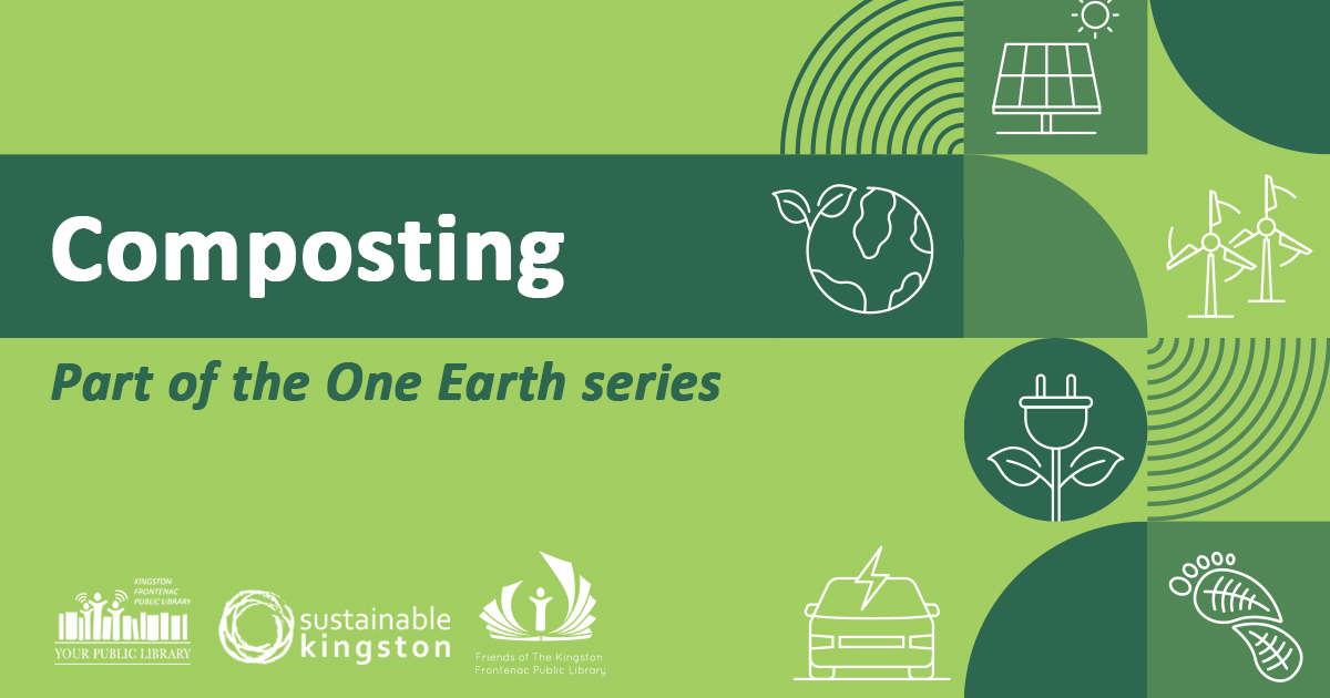 An illustration of a footprint, the earth, a solar panel, windmills, and an electrical plug. The text reads Composting Part of the One Earth series.