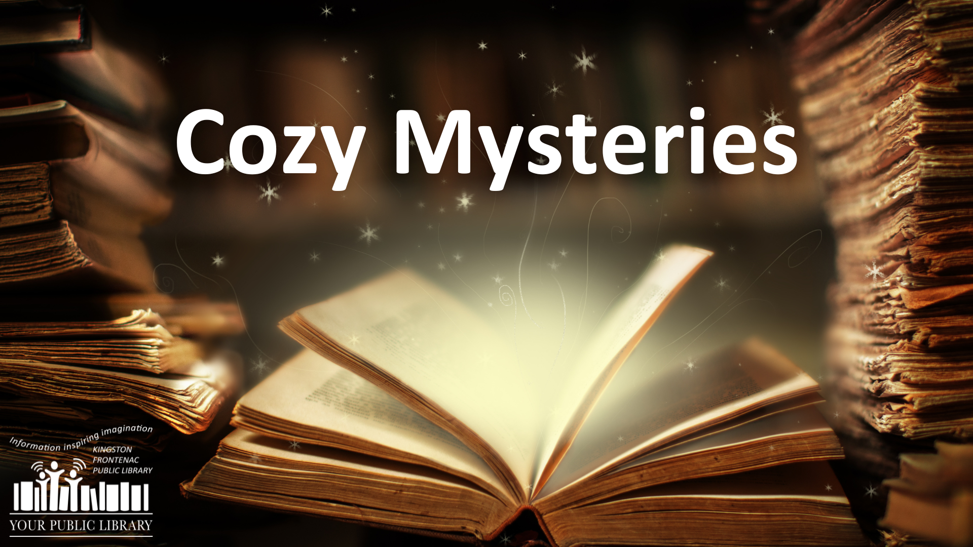 A book opening with sparkles, reading Cozy Mysteries.