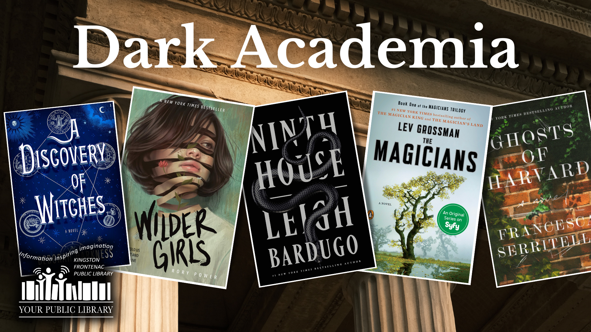A collage of books against a murky background with text reading Dark Academia.