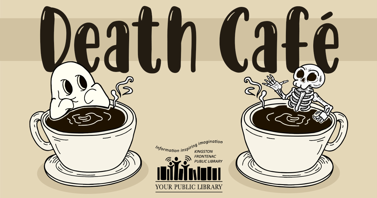 A ghost and a skeleton in coffee cups. Text reads Death Cafe.