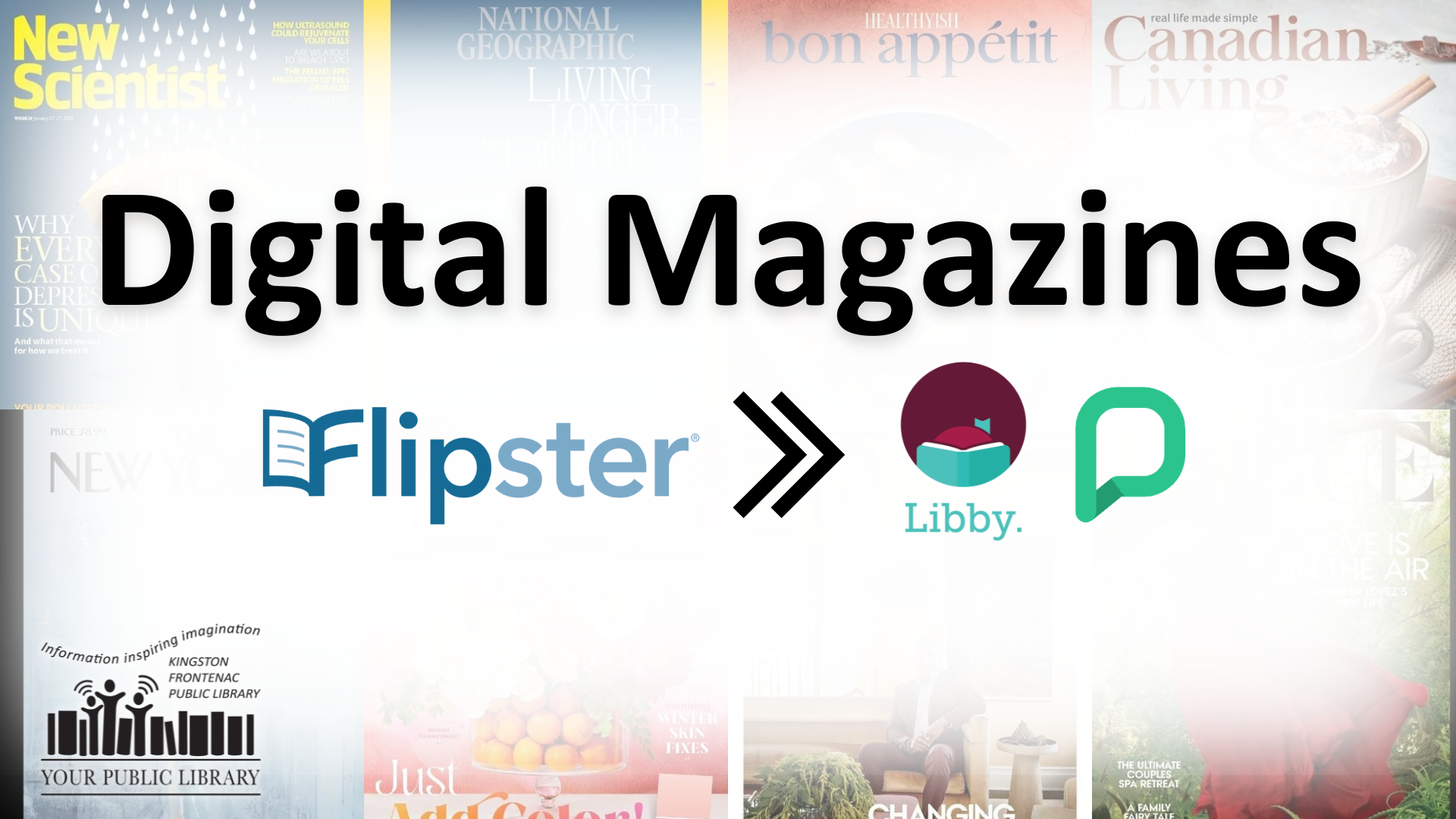 A collage of magazines with text reading Digital Magazines: Flipster --> Libby and Pressreader