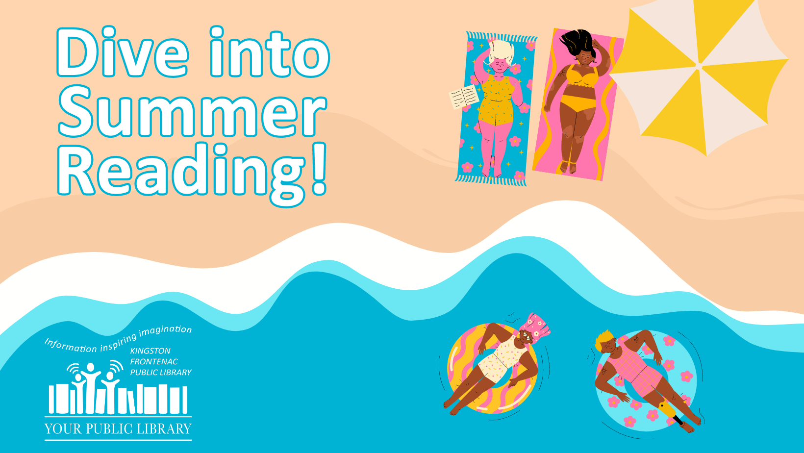 Illustrated people enjoying a beach and water, lying on towels in the sand or floating on tubes in the water. Text reads Dive into Summer Reading!