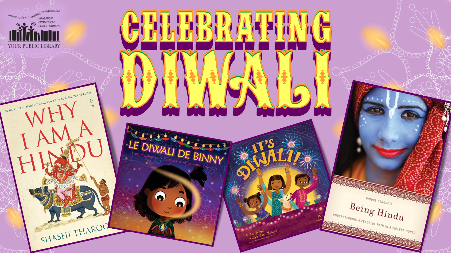 A collage of books about Diwali, with text reading Celebrating Diwali.