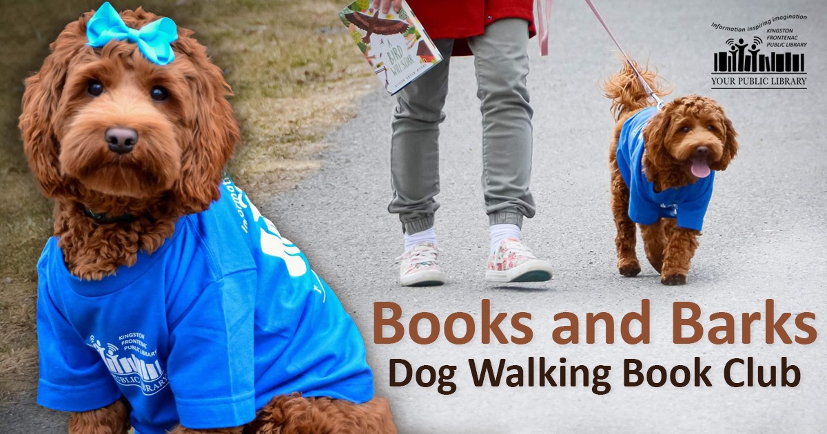A dog in a KFPL shirt being walked. Text reads Books and Barks Dog Walking Book Club.