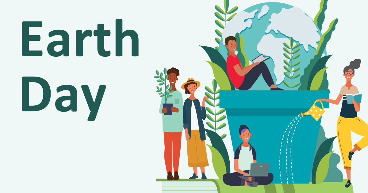 Illustration of people reading in and around a giant flower pot. The text reads Earth Day.