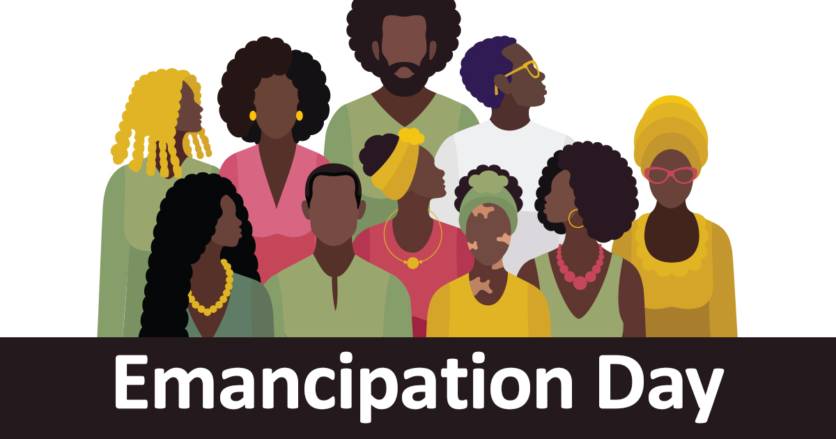 Illustration of men and women, the text reads Emancipation Day.