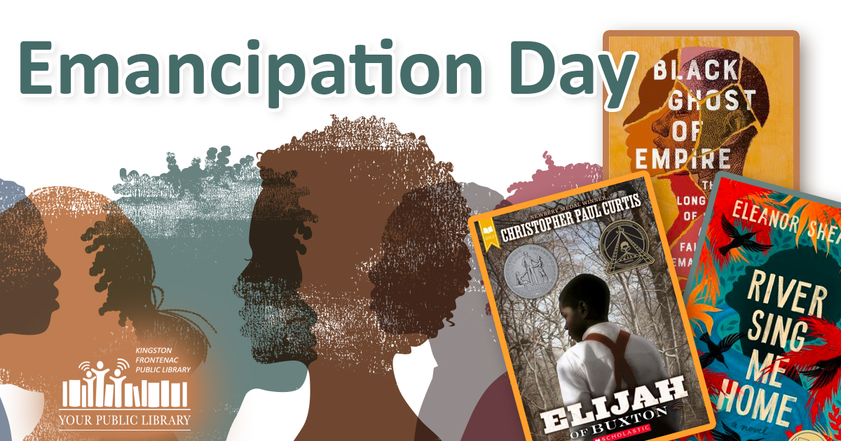 A collage of books over illustrations of people's faces in profile. Text reads Emancipation Day.