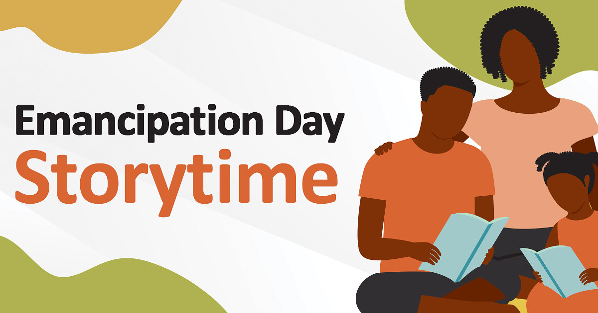Illustration of a family reading books together with text Emancipation Day Storytime on a white and green background.
