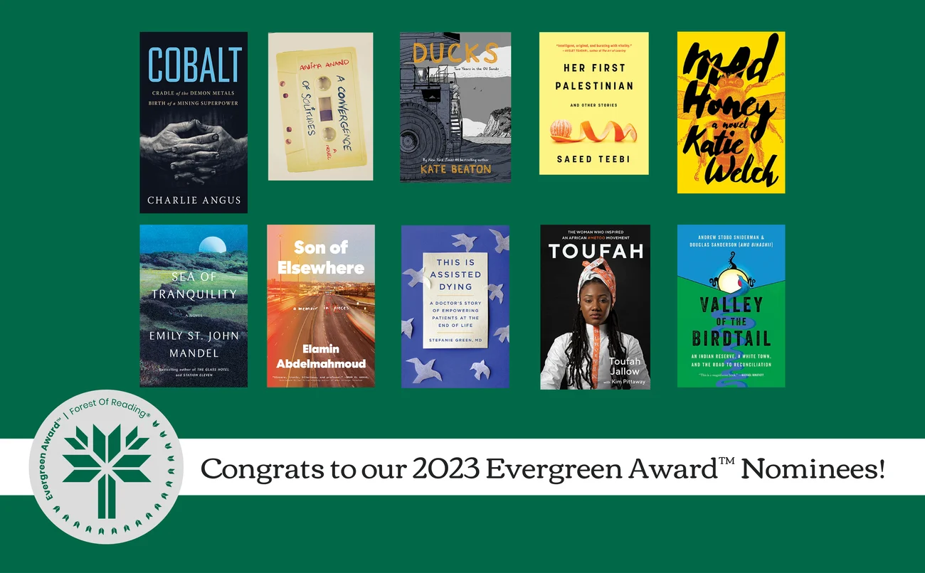 A collage of books with text reading Congrats to our 2023 Evergreen Award™ Nominees!